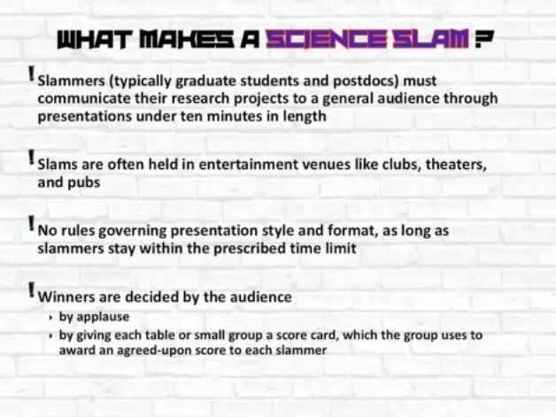 ボズリー氏は、サイエンススラムをユニークなものにする典型的なガイドラインを説明した。