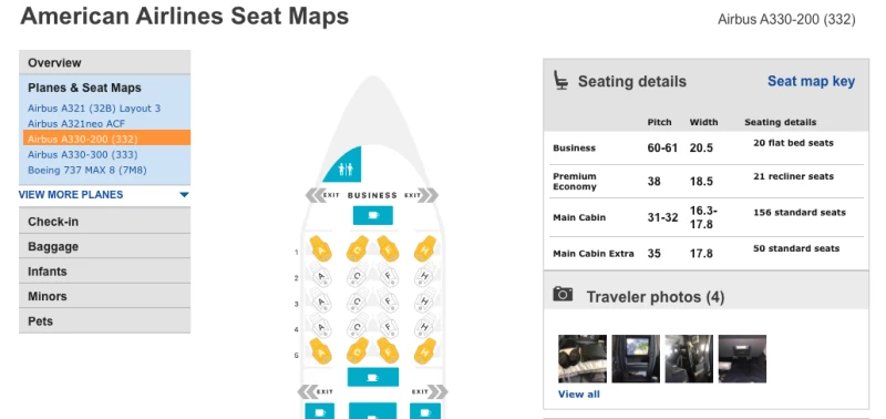 アメリカン航空の航空機用Seat Guruのスクリーンショット