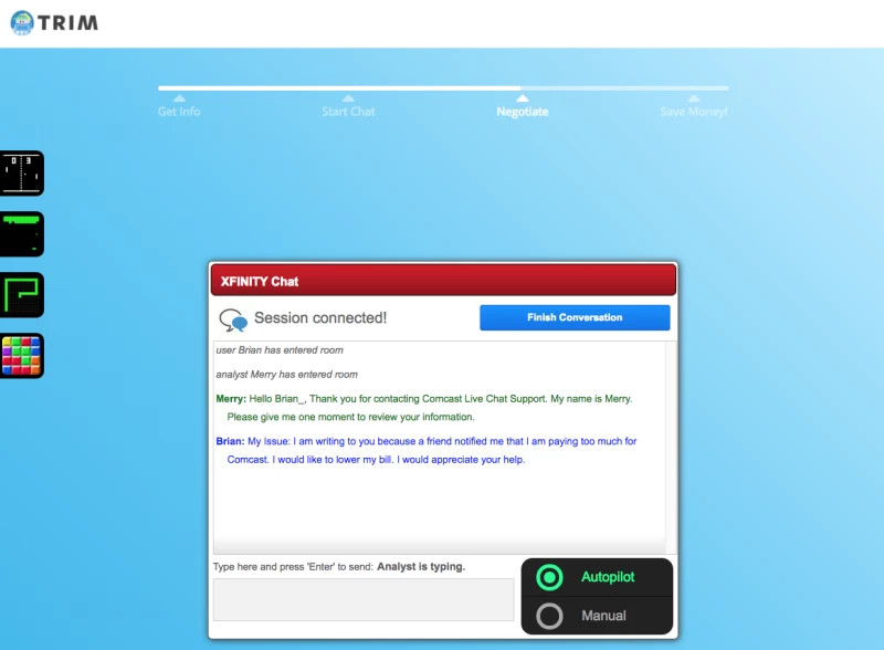 TrimのチャットボットがComcastのカスタマーサービス担当者と会話している様子