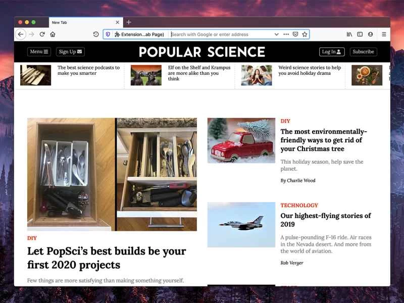 Google Chrome の、Popular Science をデフォルトのウェブサイトとして設定した新しいタブページ ブラウザ拡張機能 Custom New Tab Page のスクリーンショット